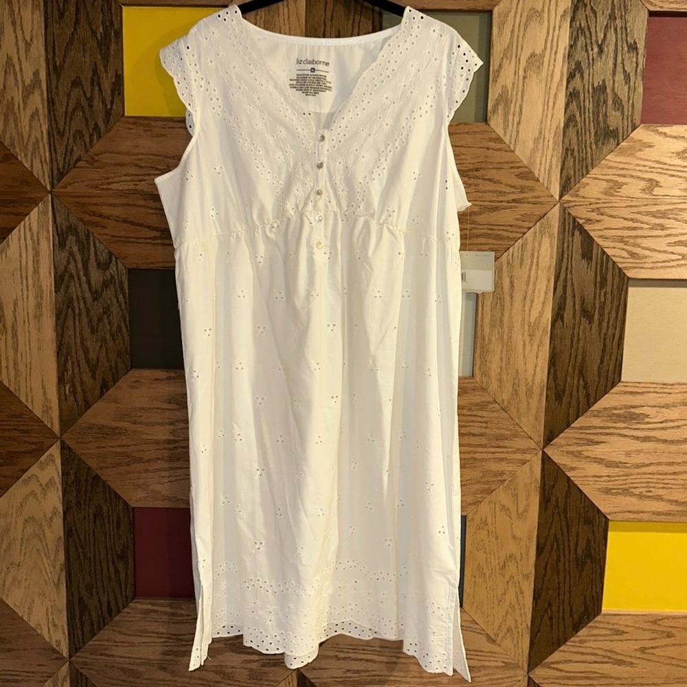 NWT Liz Claiborne Dress White Sleeveless Eyelet Embroidered Cottagecore Size M